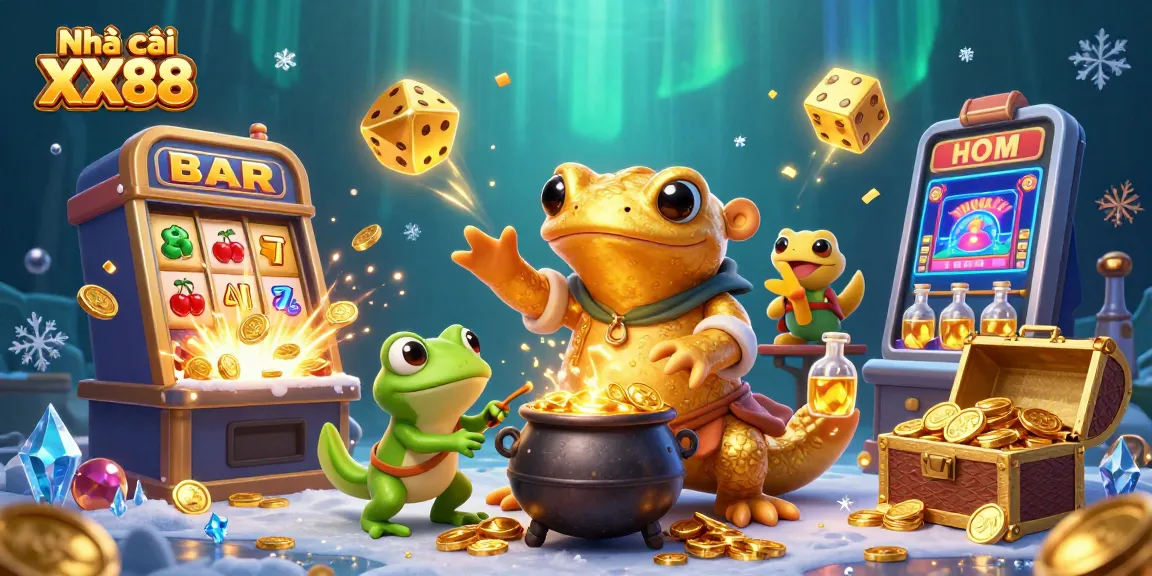 Engage in thrilling games at Nhà cái XX88, showcasing a vibrant 3D illustration with alchemists and casino elements.