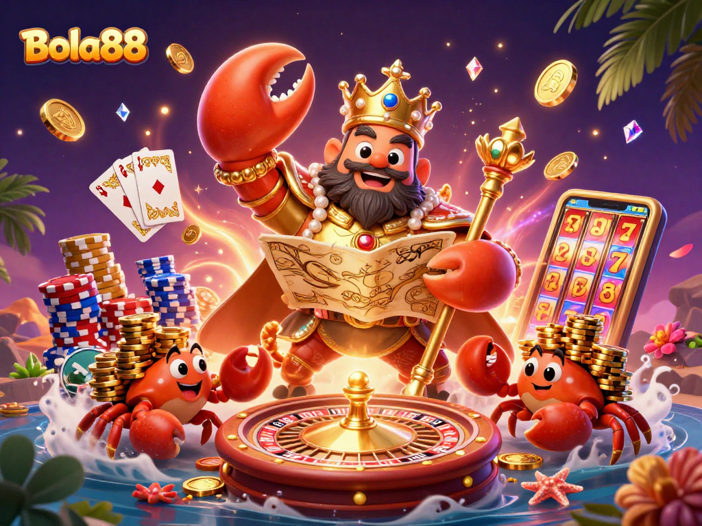 Bola88 menampilkan ilustrasi kasino 3D dengan kepiting emas dan chip kasino berkilau