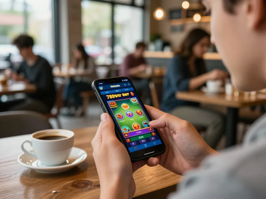 Person engaging with 789win app for online casino gaming in a stylish cafe setting.