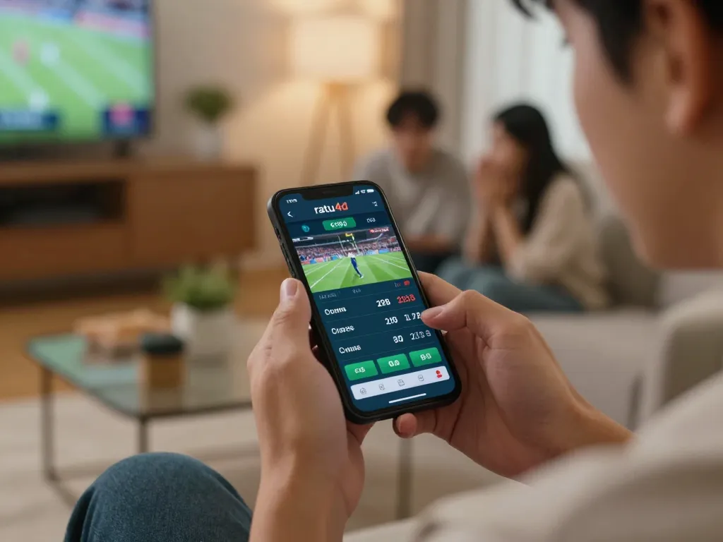 Player engaged in strategic sports betting on ratu4d app in a cozy home setting
