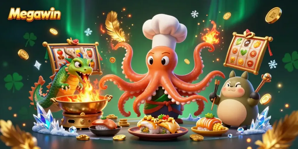 Menangkan slot kasino di Megawin dengan chef sushi kartun, naga hijau, dan tanuki, mempersiapkan hidangan emas.