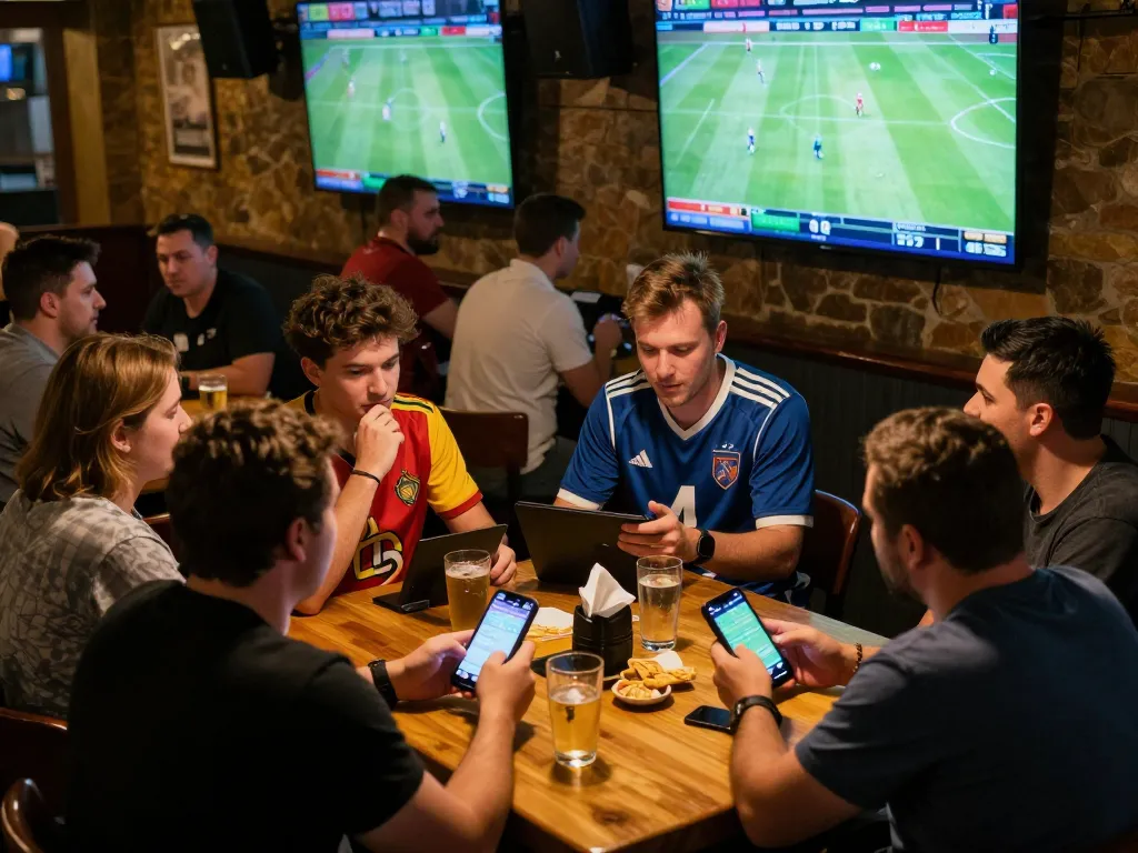8xbet bettors analyzing their bets while enjoying a lively sports event, capturing excitement and strategy