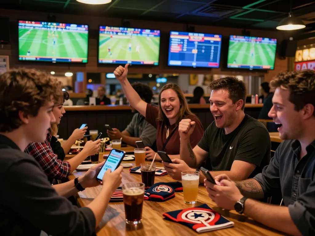 Exciting sports betting atmosphere at mb66ac with patrons engaged in mobile betting