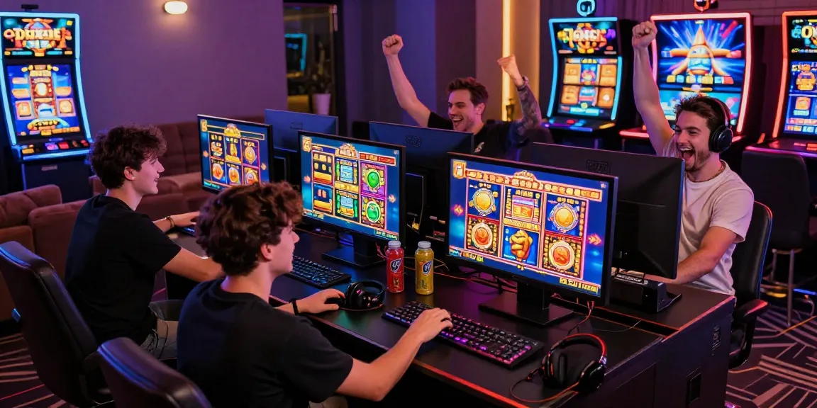 Excited players enjoying pajaktoto slot games in a vibrant home gaming environment.