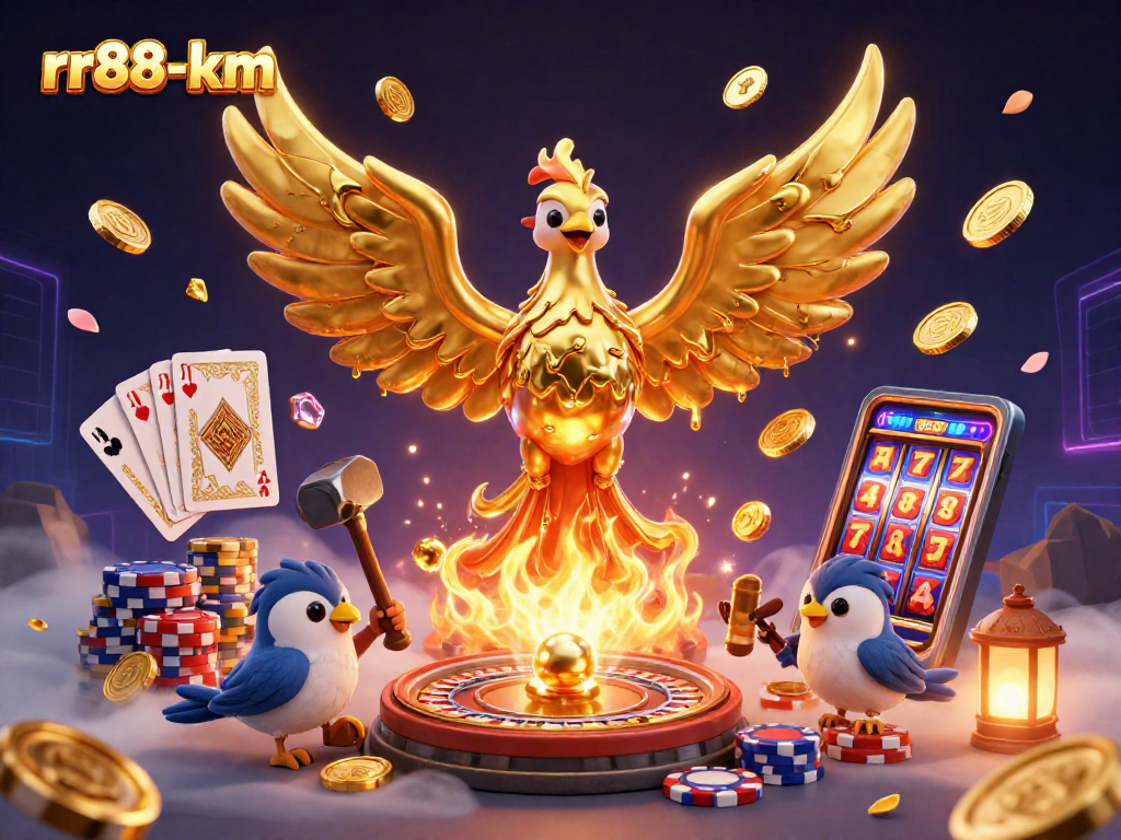 Experience the thrill of rr88-km's casino action with a golden phoenix amidst dazzling gaming elements.