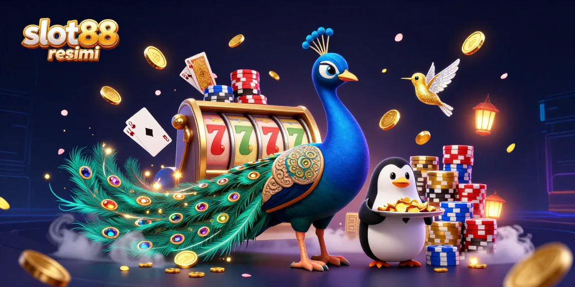 Spin the reels on slot88 resmi while golden coins and gems cascade around vibrant casino characters.