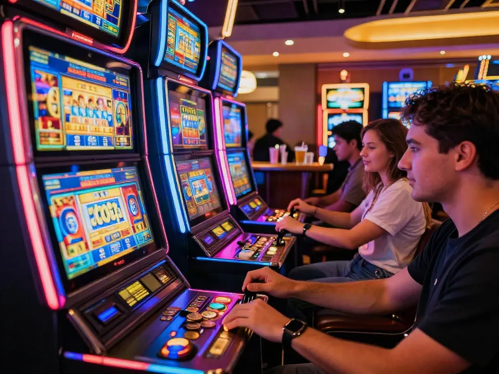 Exciting casino scene with players enjoying slot machines surrounded by vibrant lights.