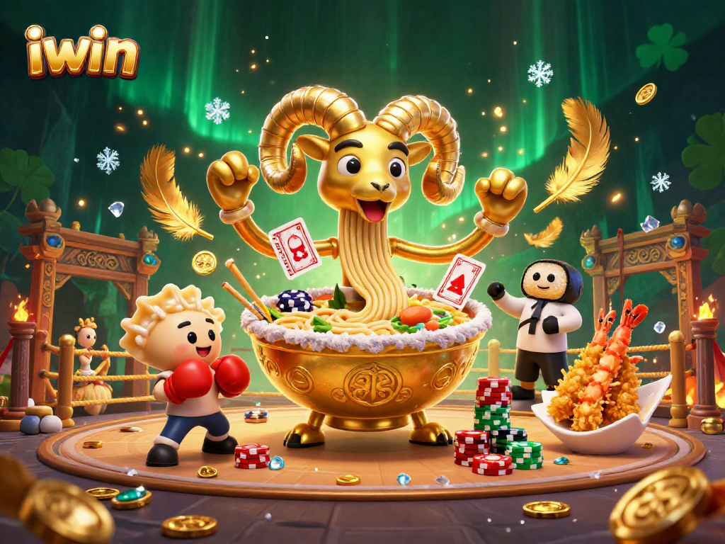 Iwin's golden ramen bowl character stacks chips and deals cards in a lively casino scene.
