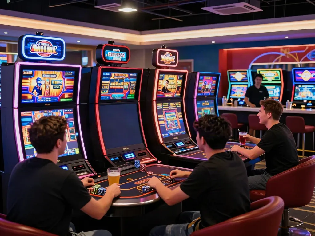 Players engaging with akunjp slot machines in a lively gaming lounge.