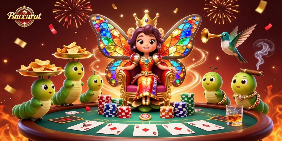 Baccarat players enjoy a vibrant scene featuring a butterfly queen surrounded by casino elements and chips.