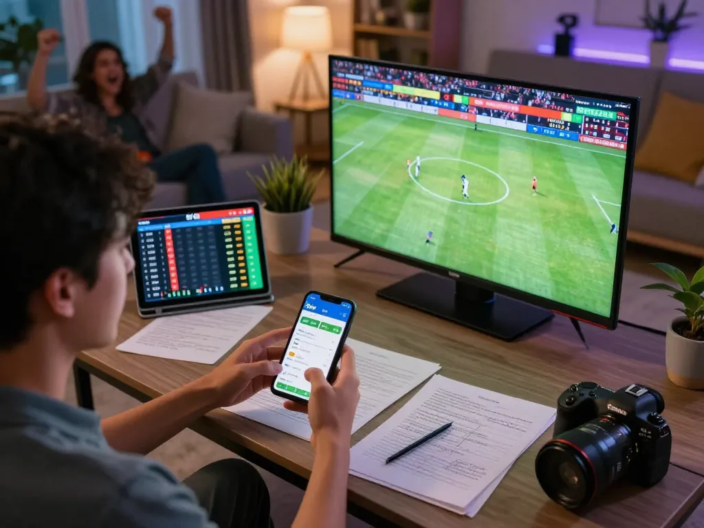 Soi Kèo sports betting excitement captured with a player checking live odds on smartphone during a football match.