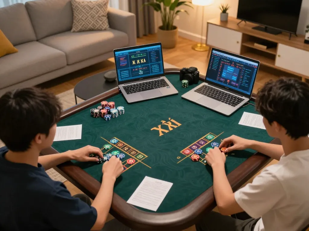 Engaged players strategizing for tài xỉu online in a cozy home setting, showcasing dynamic gaming atmosphere