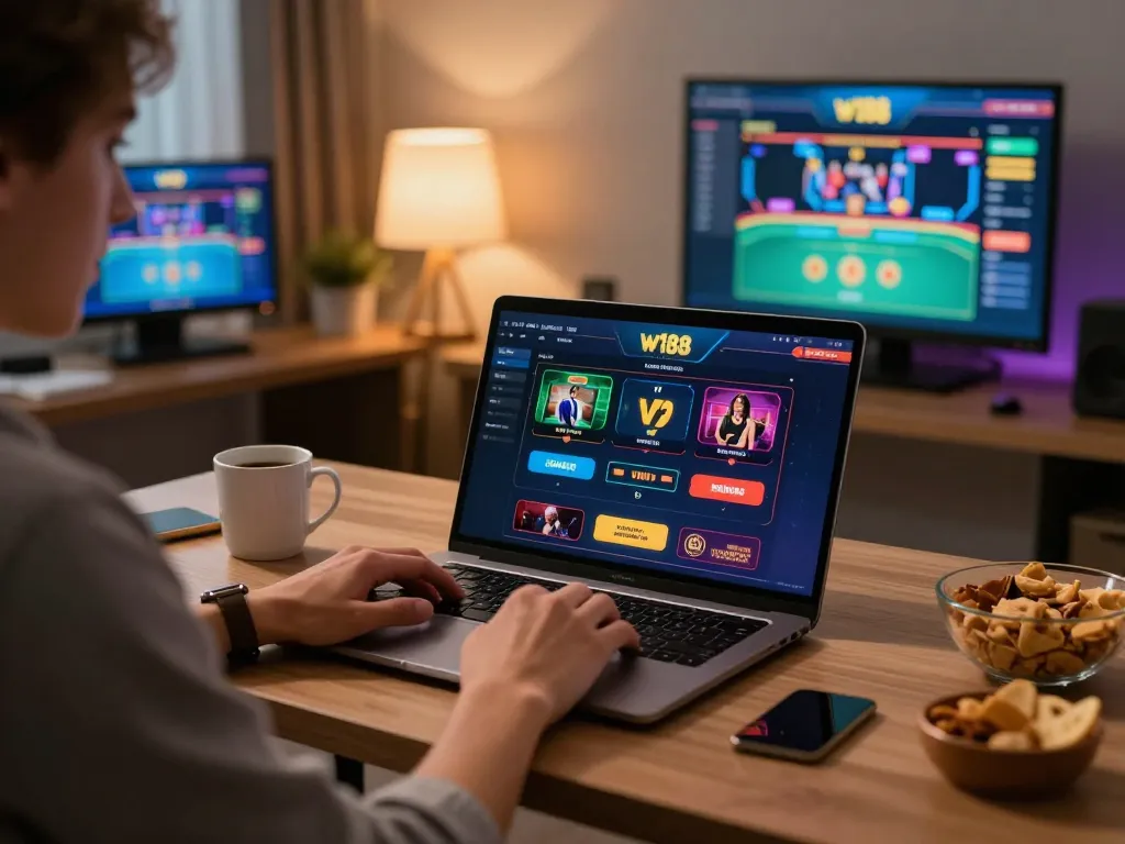 Engaging player enjoying the w188 VIP online casino experience on a laptop in a stylish home office.