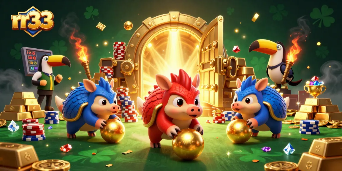 rr33 pangolins bowling through poker chips in a vibrant casino scene filled with gold and gems