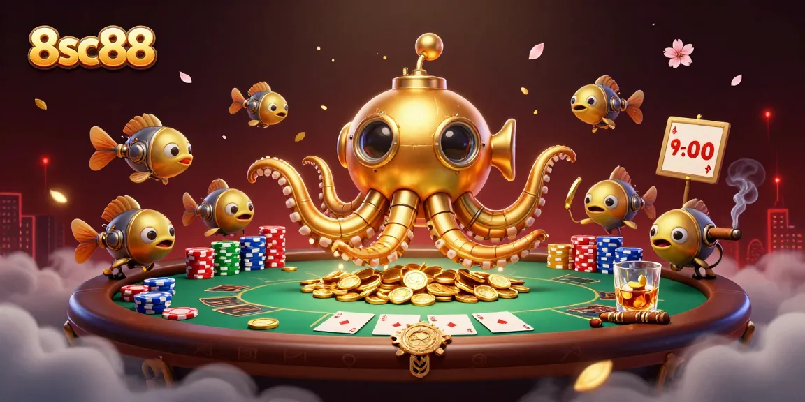 Experience thrilling casino action with 8sc88's golden kraken amidst poker chips and cards.