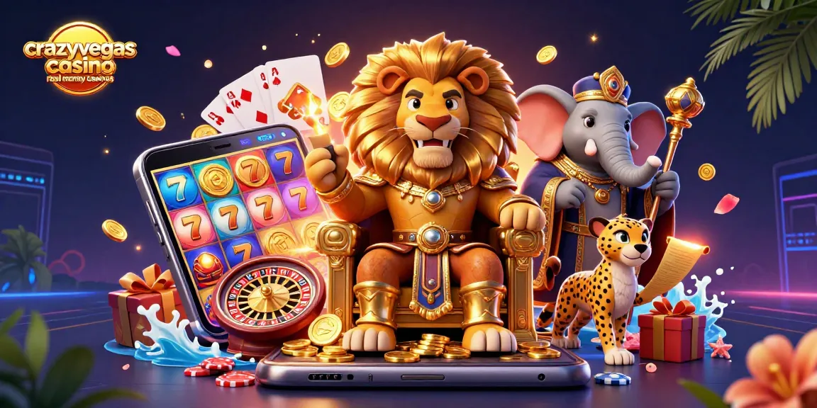 Engage with crazyvegas casino real money casinos featuring a lion king, elephant advisor, and cheetah surrounded by vibrant gaming elements.
