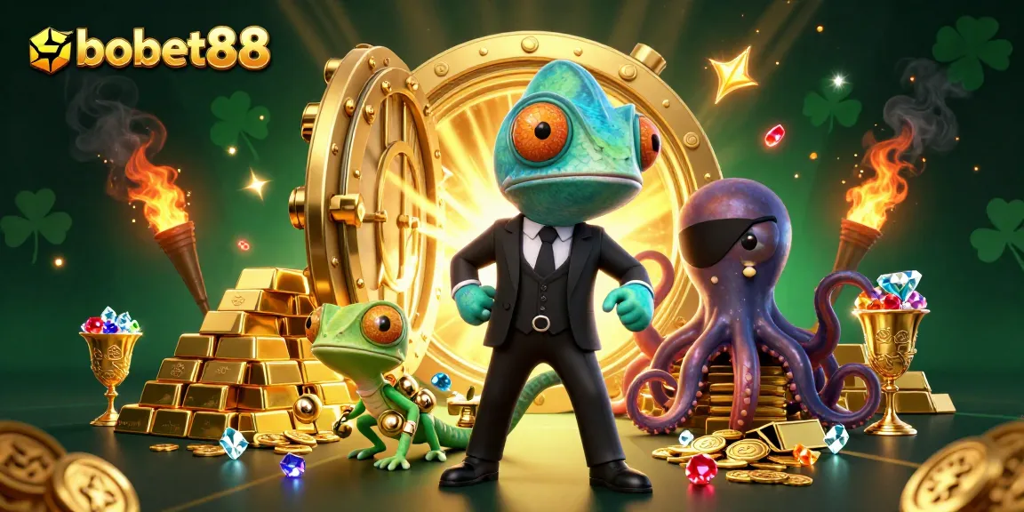 Engage with sbobet88 through an exciting illustration of a secret agent chameleon and tech genius gecko amid treasures.