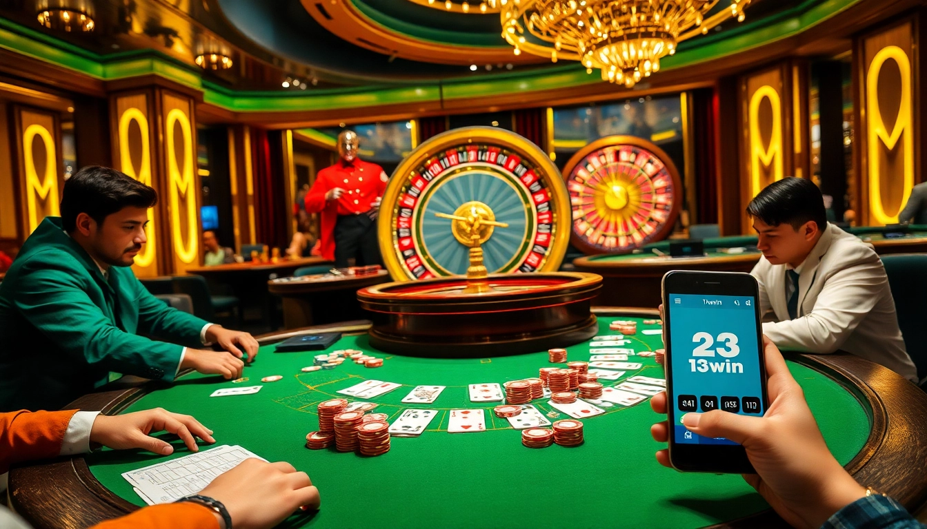 Players enjoying a thrilling game at 13win, showcasing poker chips and a roulette wheel.