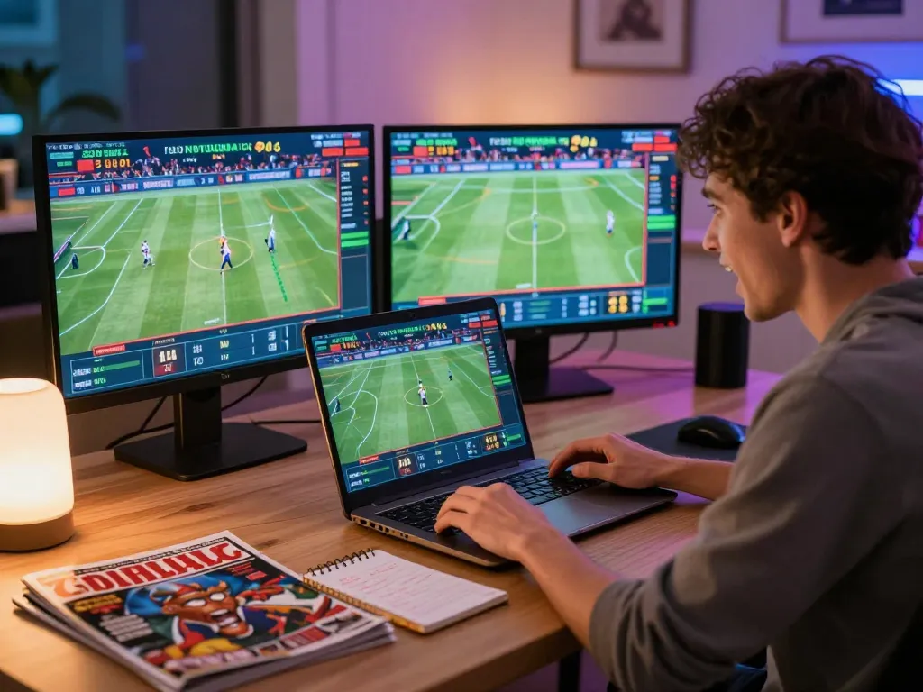 Player betting on uu88 using laptop, surrounded by sports magazines and strategic notes.