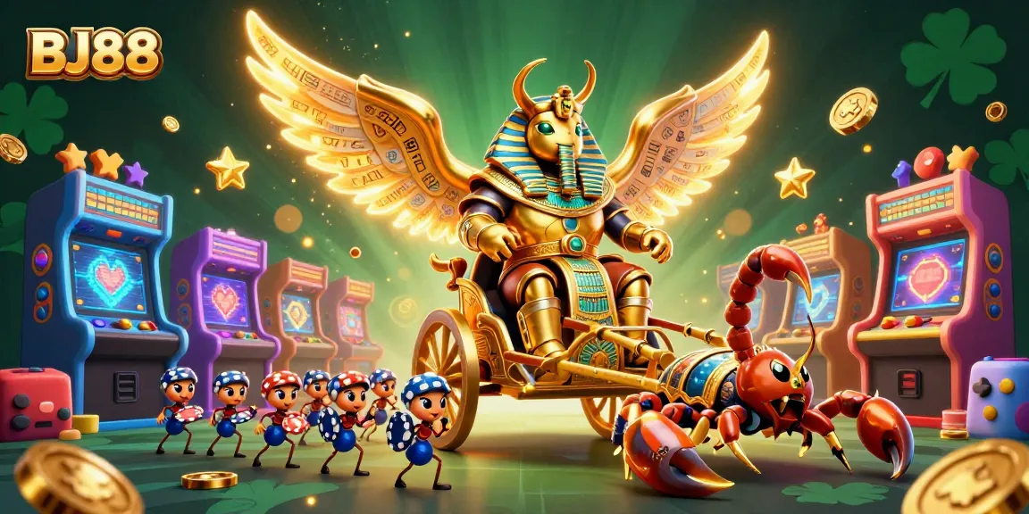 Engage in thrilling gaming adventures at BJ88 with an ultra-detailed 3D illustration of a pharaoh beetle and vibrant casino elements.
