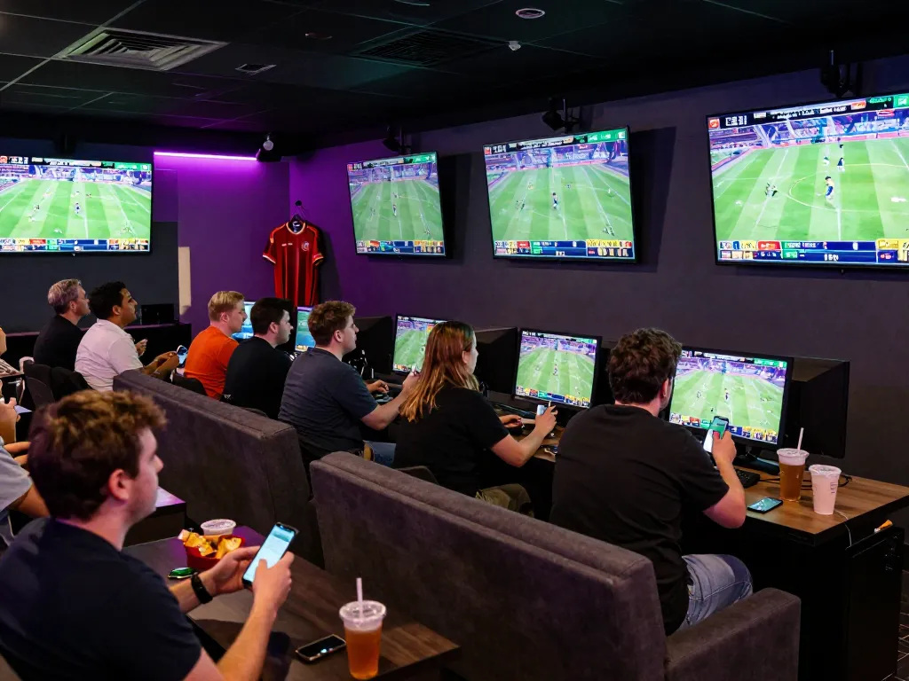 Fans actively betting on sports in a lively atmosphere, showcasing the dh88 excitement of live sports wagering.