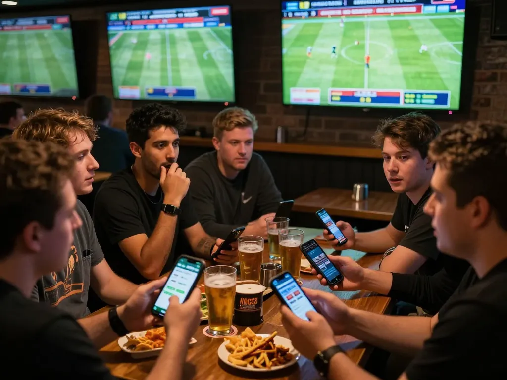 Engaged sports bettors using king33 app while watching live games in a vibrant sports bar.