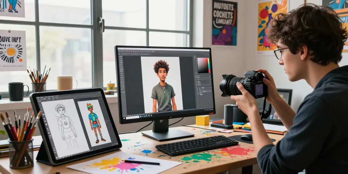 Artist creating interactive NSFW AI character models in a vibrant studio environment, focusing on digital innovation.