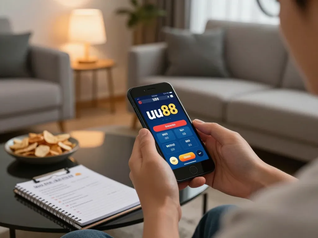 Engaging with the uu88 app for mobile gambling in a cozy living room setting.