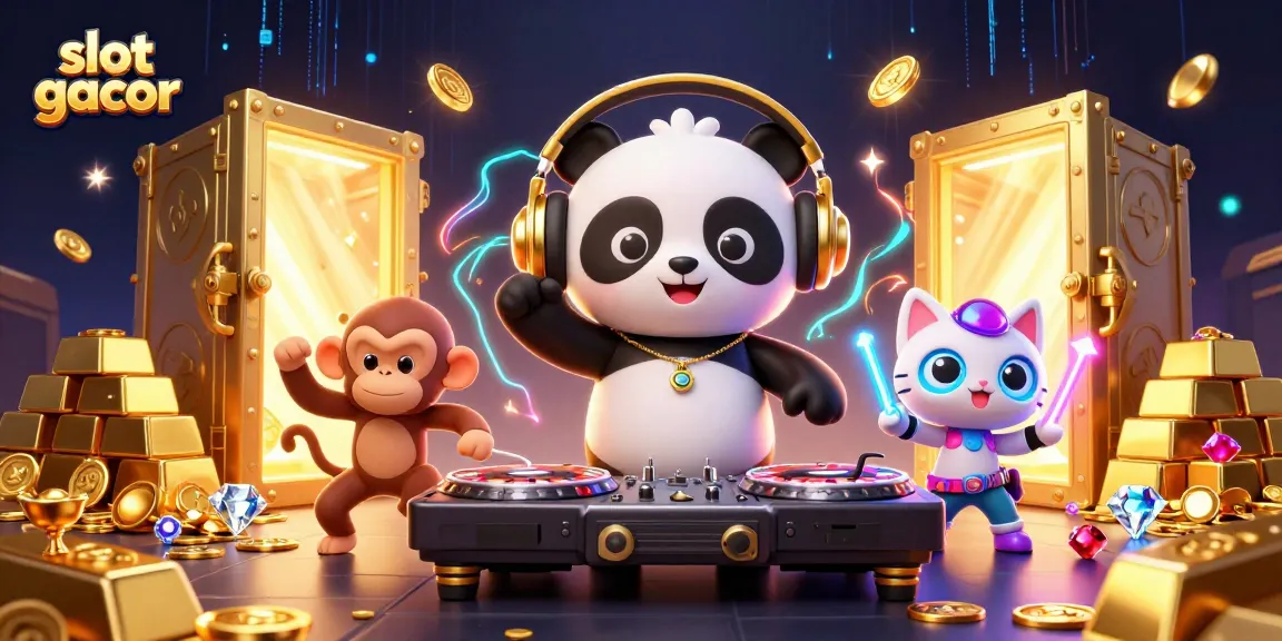 Slot gacor menampilkan DJ panda dan teman-temannya dikelilingi harta kaya di kasino.