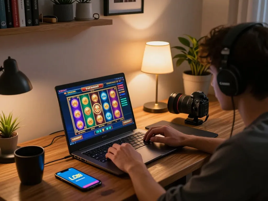 Engaging in online gaming at LC88 with colorful slot visuals on laptop screen.