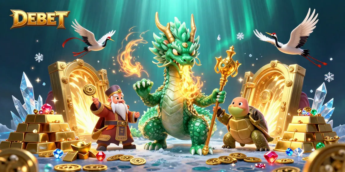 Play with DEBET in this vibrant 3D illustration featuring a jade dragon and lucky cranes.
