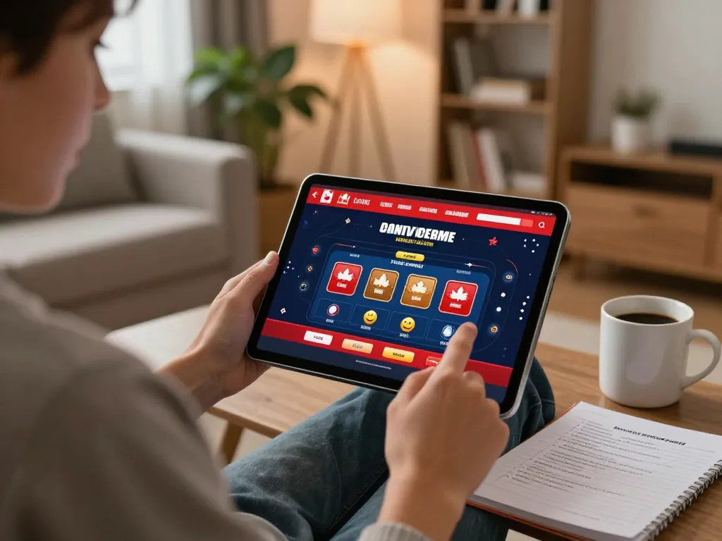 Engaging in Canadian online casinos on a tablet in a cozy home setting