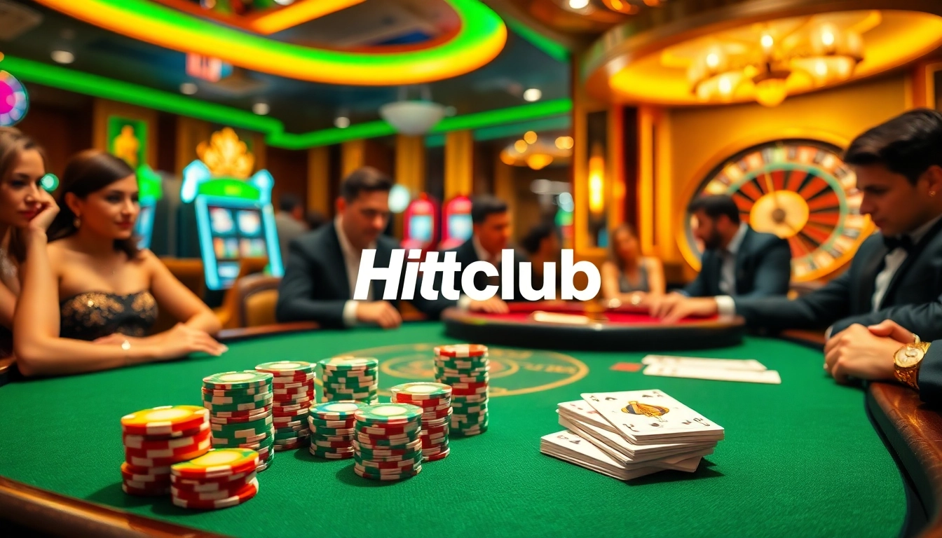 Hitclub players strategizing at a luxurious poker table, surrounded by vibrant casino gaming elements.