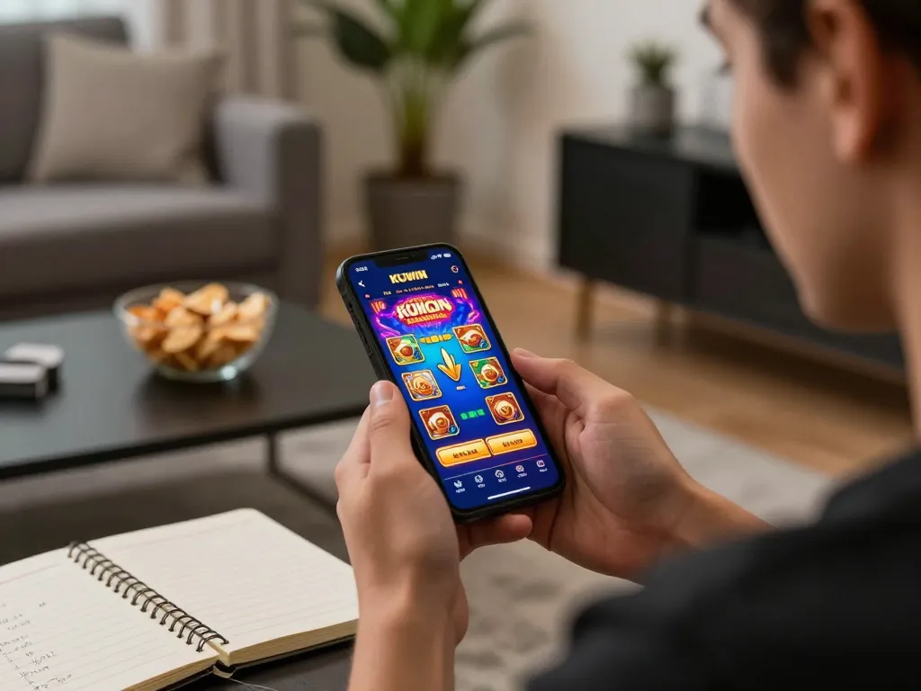 Kuwin app gameplay in cozy living room setting, engaging in online casino fun.