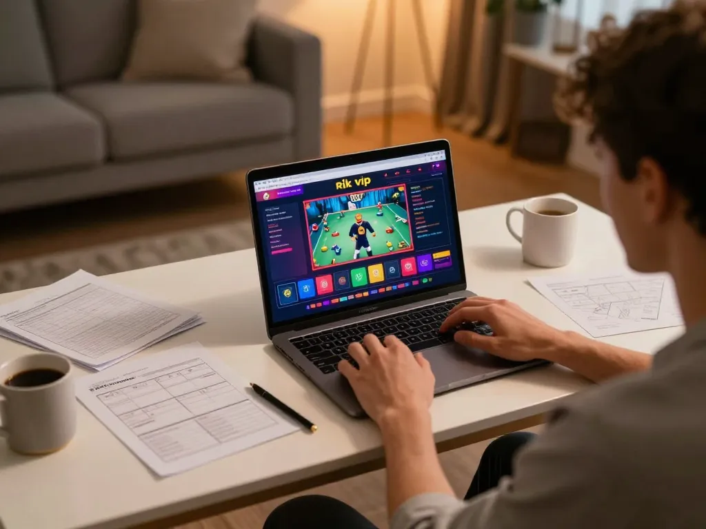 Engaging scene of a player enjoying rik vip gameplay on a stylish laptop at home, showcasing online betting options and strategy.