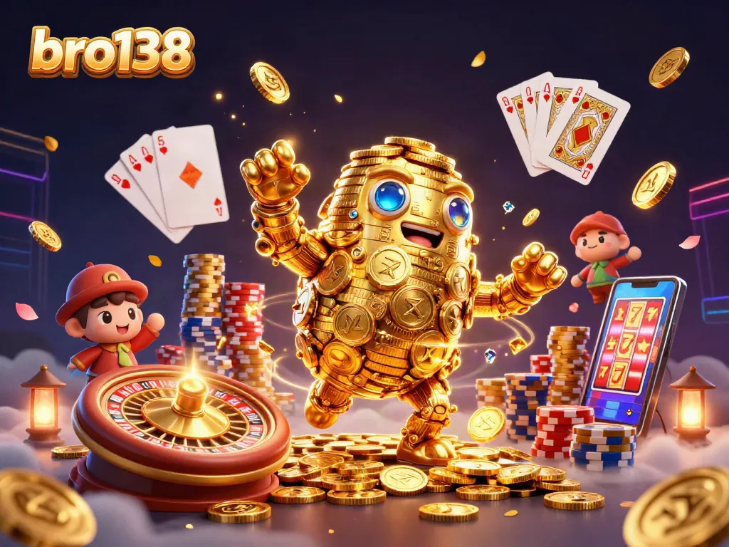 Experience the thrill of bro138 with a dazzling golden golem, spinning roulette, and vibrant poker chips.