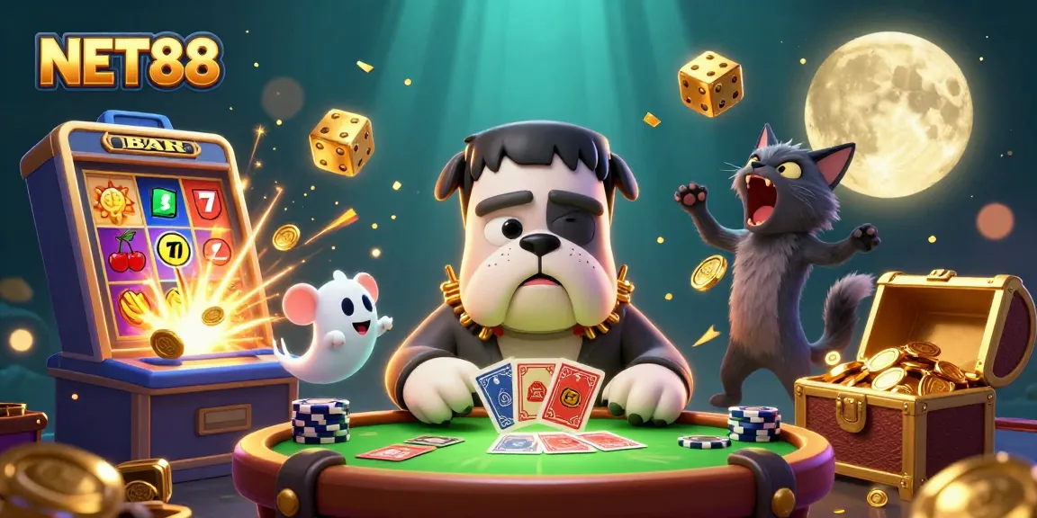 NET88 slots scene with cartoon characters and exciting gaming elements at a haunted casino table.