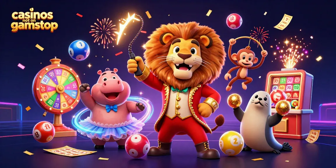 Engage players with casinos not on gamstop, featuring a vibrant circus scene filled with game elements.