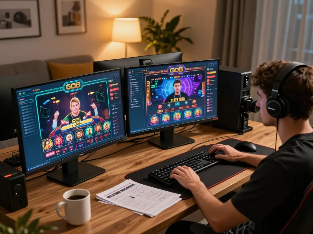 Engaging in strategic GO8 online gaming session with multiple screens and personalized decor