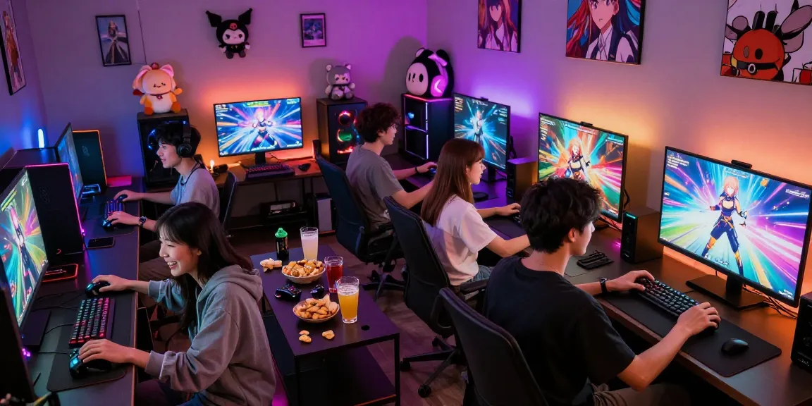 Engaged gamers playing hentai games in a cozy lounge, vibrant LED lighting and anime characters create an inviting atmosphere.