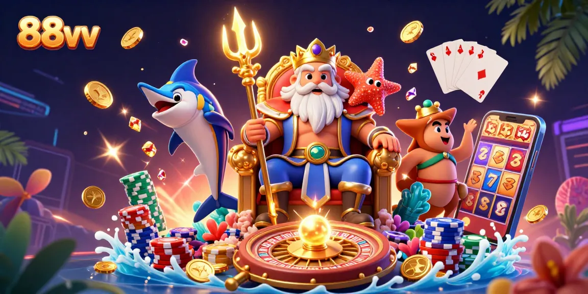 Experience the thrill of 88vv with vibrant casino scene featuring Neptune and coins.