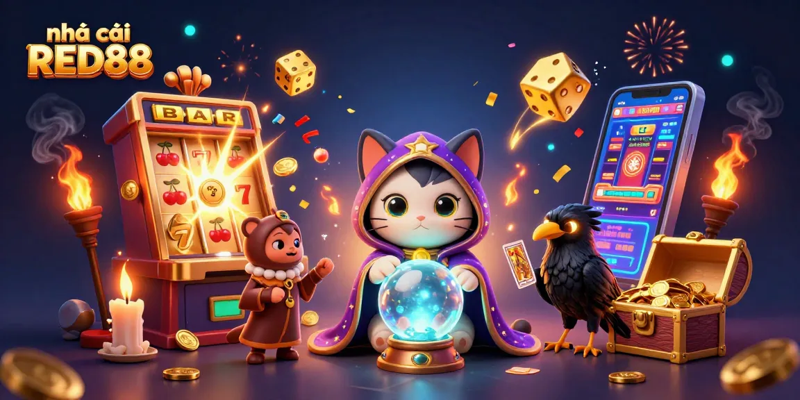 Engage with nhà cái RED88 in this vibrant illustration showcasing dynamic casino elements and characters.