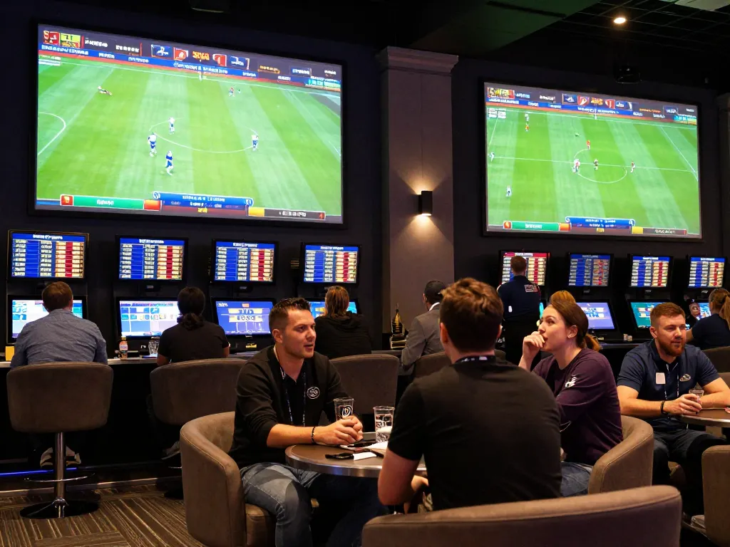 8xbet bettors enjoying live sports matches in a vibrant lounge atmosphere
