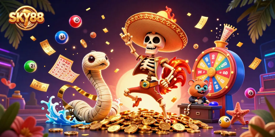 Celebrate wins with SKY88's lively casino-themed illustration showcasing vibrant characters and exciting elements.