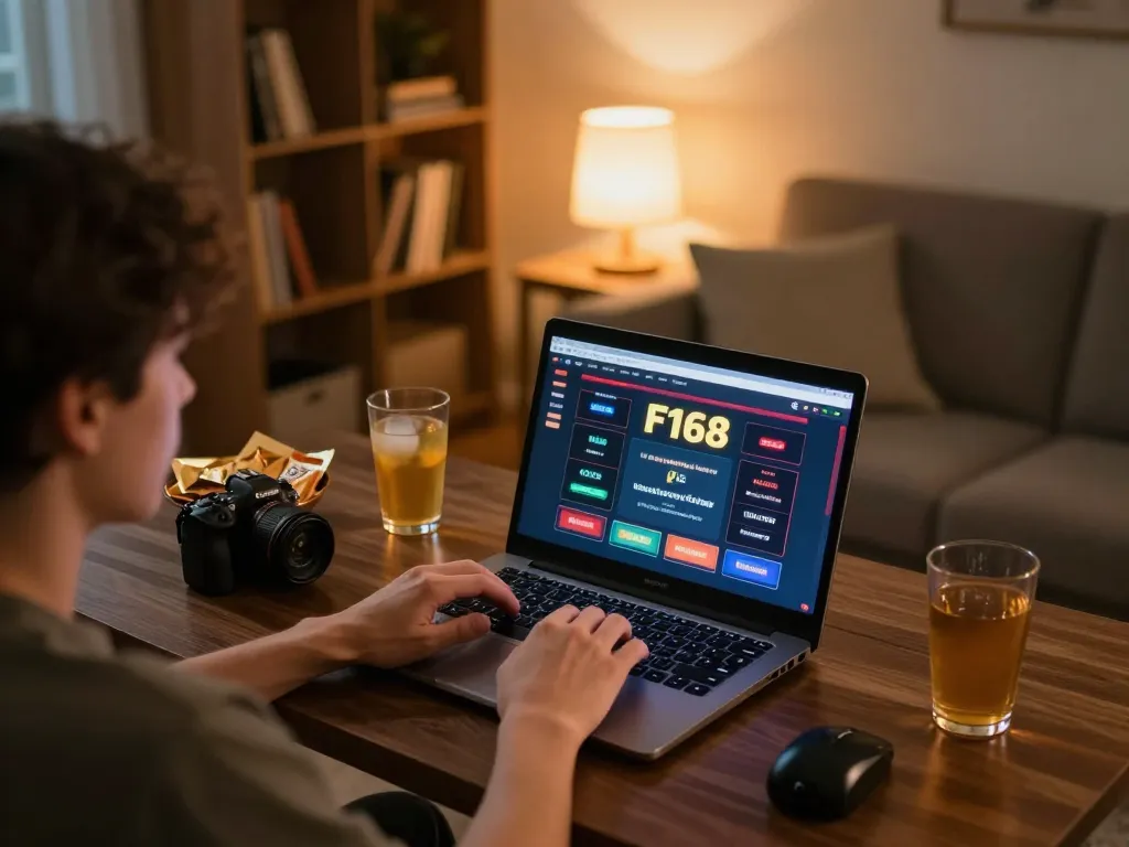 Engaging with the F168 online casino platform in a cozy home gaming setup.