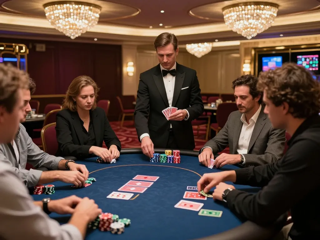 Betbet players engaged in intense poker action at an elegant casino table during an exciting gaming session.