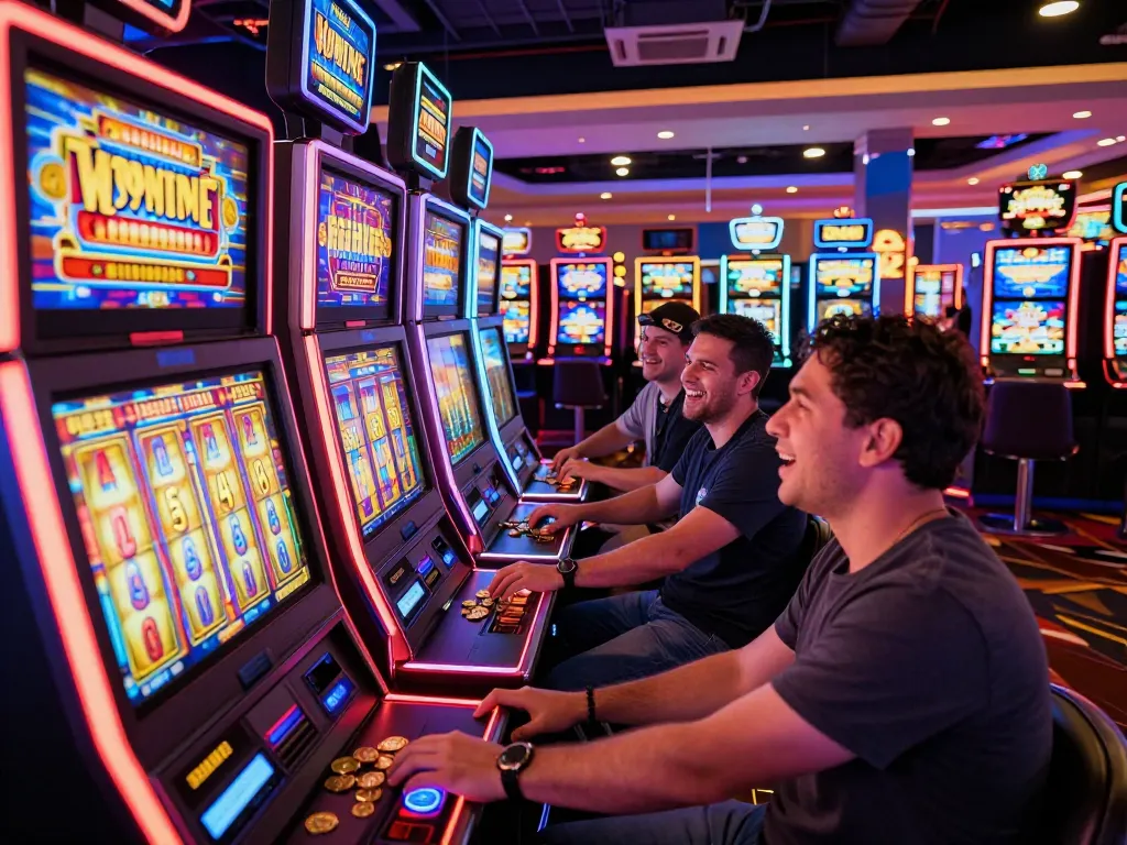 Players enjoying situs slot gacor atmosphere at a vibrant casino, engaging with colorful slot machines and celebrating wins.