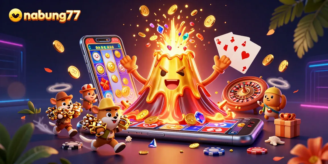 Nabung77 offers thrilling casino action with a golden volcano erupting coins and 3D slot games.