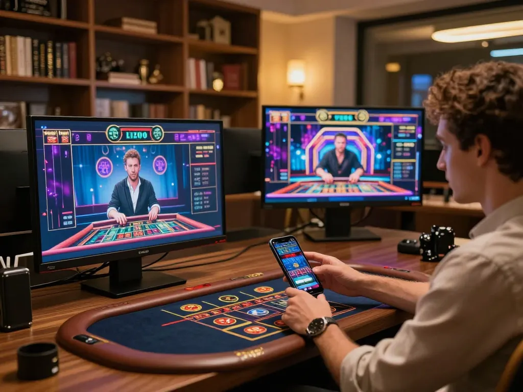Player engaging with fly88 app on smartphone in stylish home casino setup.