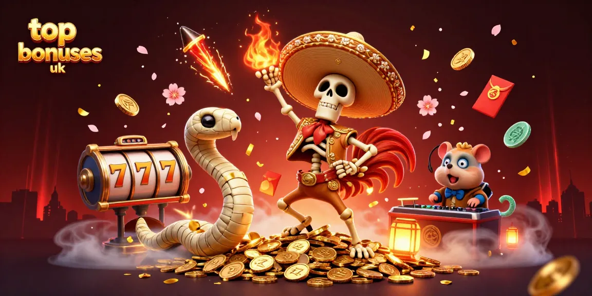 Celebrate top casino bonuses uk with a vibrant illustration featuring lucky symbols and lively characters.